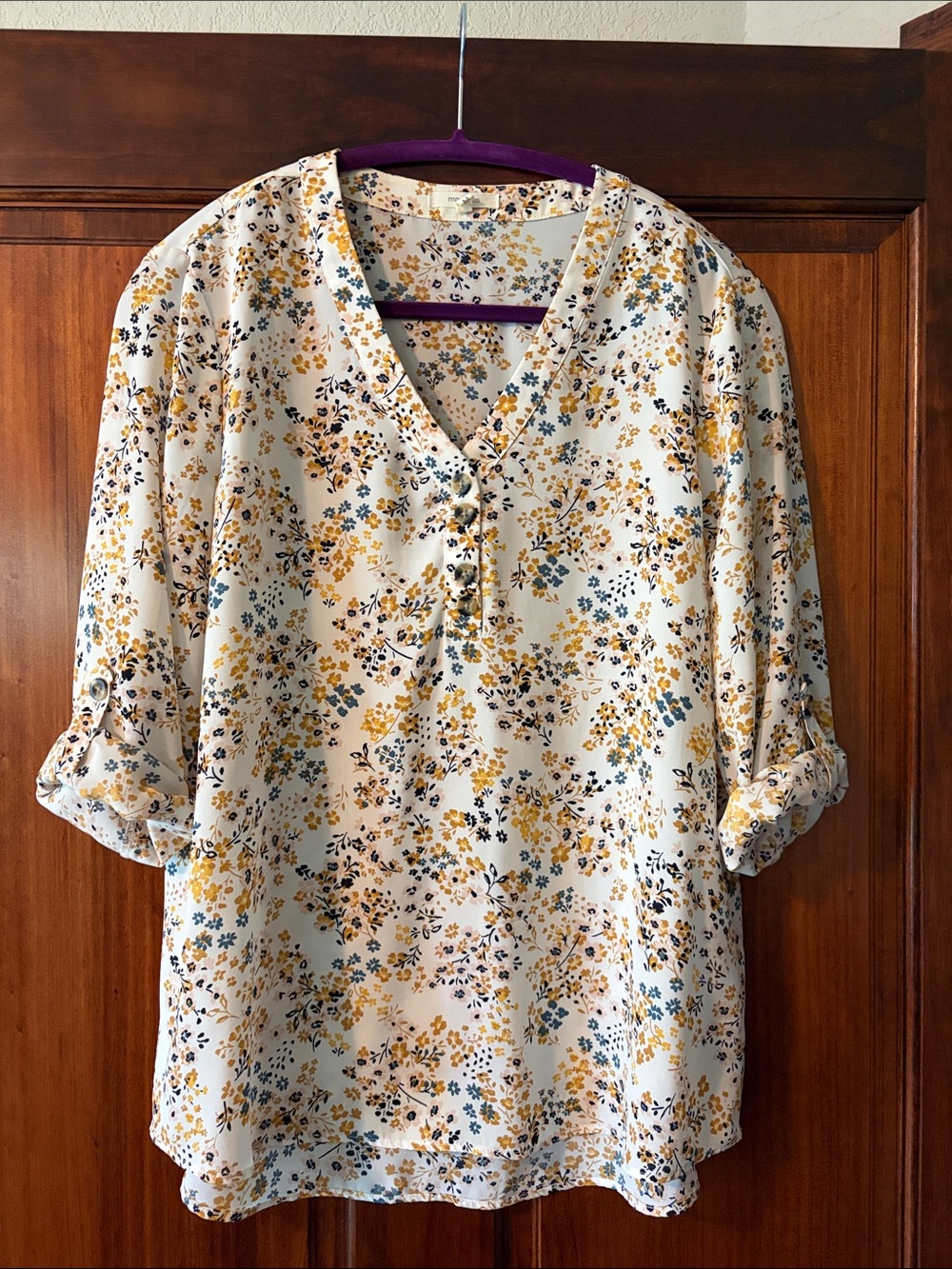 Maurices Cream Floral V-Neck Tunic with Yellow and Blue Accents